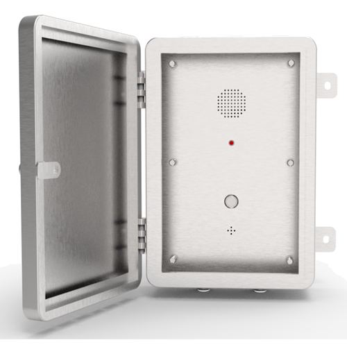 food production factory wall mounted intercom telephone with protective door, IP66 rated even when door is open. Made from stainless steel.