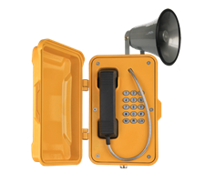 yellow broadcasting telephone with door and horn ringer repeater